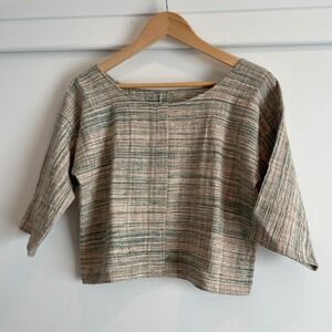 MIRA BLACKMAN Artisanal Woven Striped Cropped Top 3/4 Sleeve Boat Neck Casual
